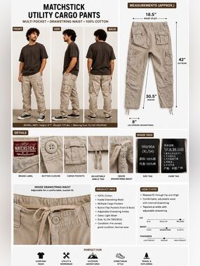 Matchstick Utility Cargo Pants Khaki Multi Pocket Drawstring Waist XL 34